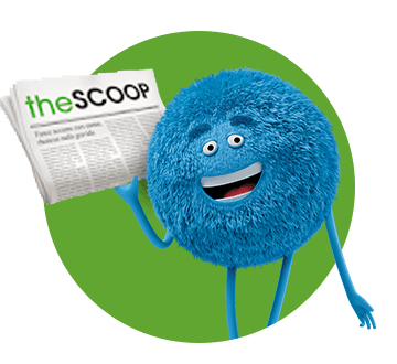 Blue character smiling and holding a newspaper