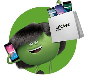 An excited character holding a shopping bag of new cell phones