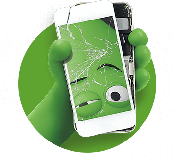 Green character hand holding a broken phone with a cracked screen