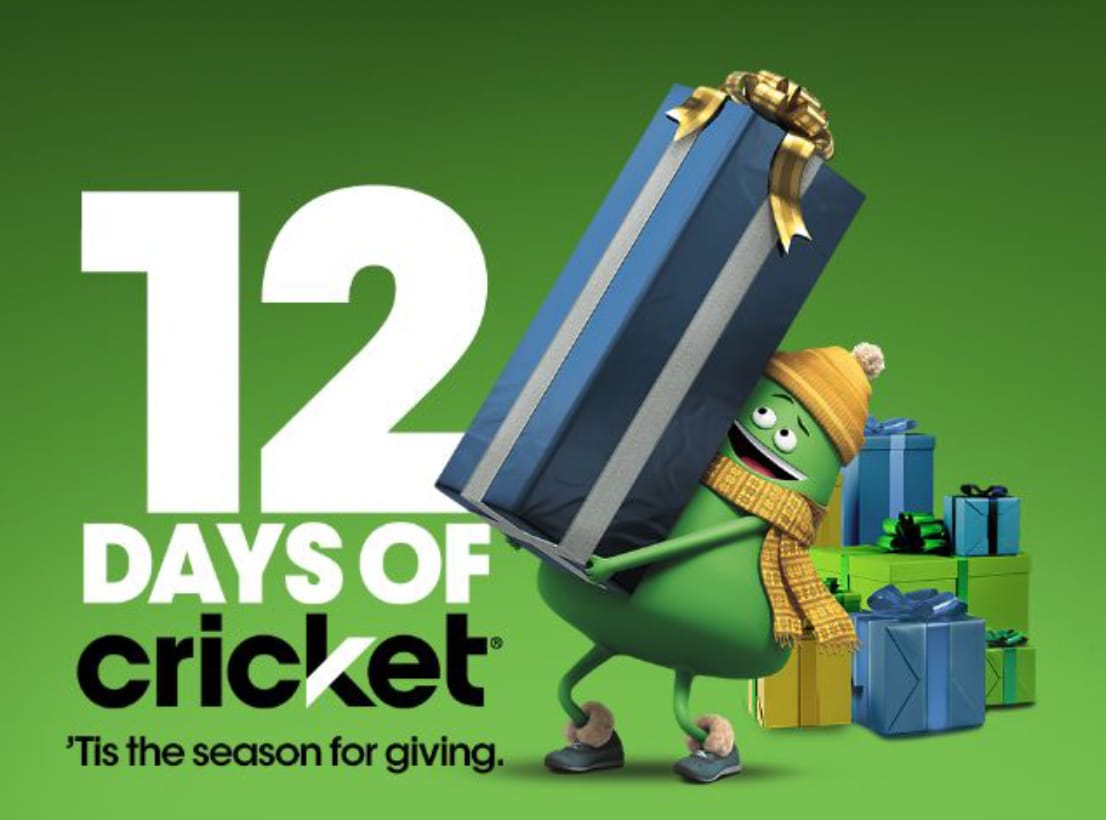 Cricket characters holding holiday gifts with 12 Days banner