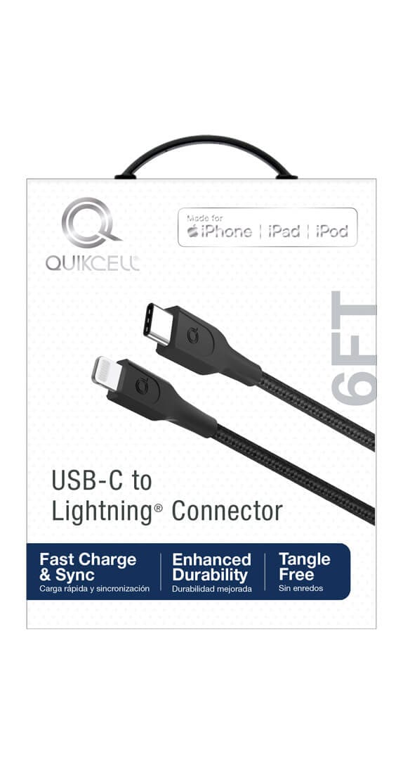 Quikcell CHARGE & SYNC CABLE MFi Lightning to USB-C - 6ft - Black