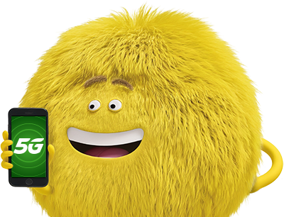 Cricket character holding a 5G phone