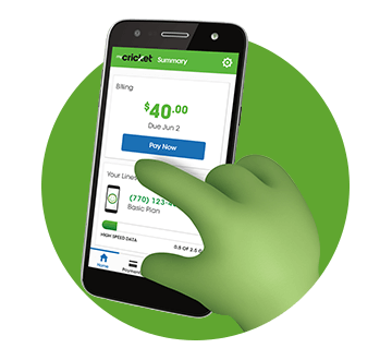 Aplicacion My Cricket en la pantalla de un celular con una mano verde tocando el teléfono
