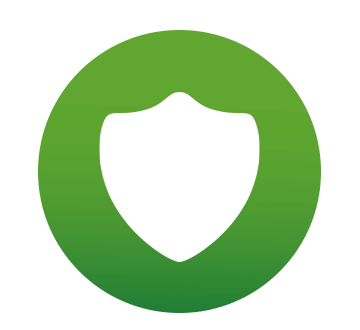 White shield icon on a green circle background