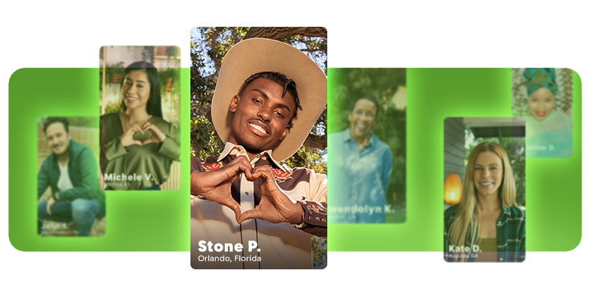 Hero Image: General Market Testimonial Page Gallery of Customers Photos of various customers on a green background