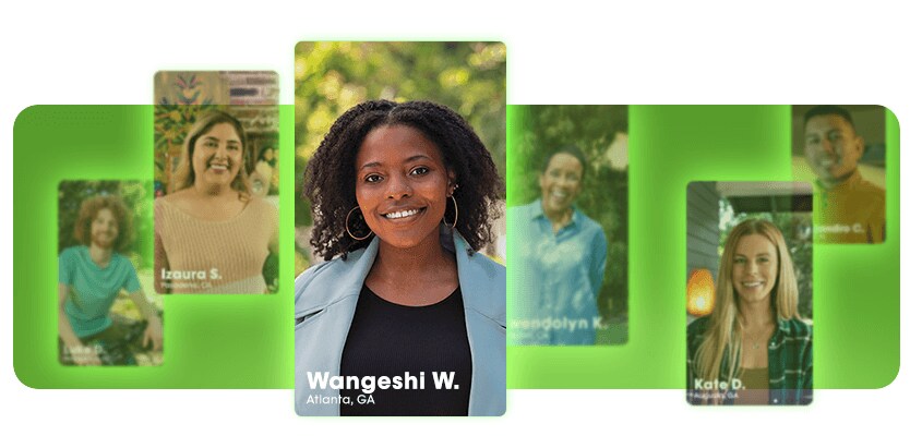 Hero Image: General Market Testimonial Page Gallery of Customers Photos of various customers on a green background