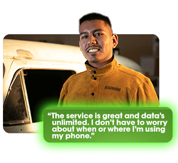 Picture of Alejandro C. and quote "The service is great and the data's unlimited. I don't have to worry about when or where I am using my phone."