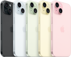 iPhone 15, vista posterior que muestra el sistema de cámara avanzado y vidrio con colores integrados en todos los acabados: Negro, Azul, Verde, Amarillo, Rosa.