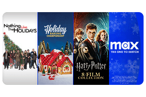 Three streaming options: Nothing like the holidays, Holiday baking championship, and Harry Potter series