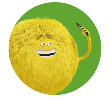 Personaje amarillo de Cricket sosteniendo un teléfono con un fondo verde